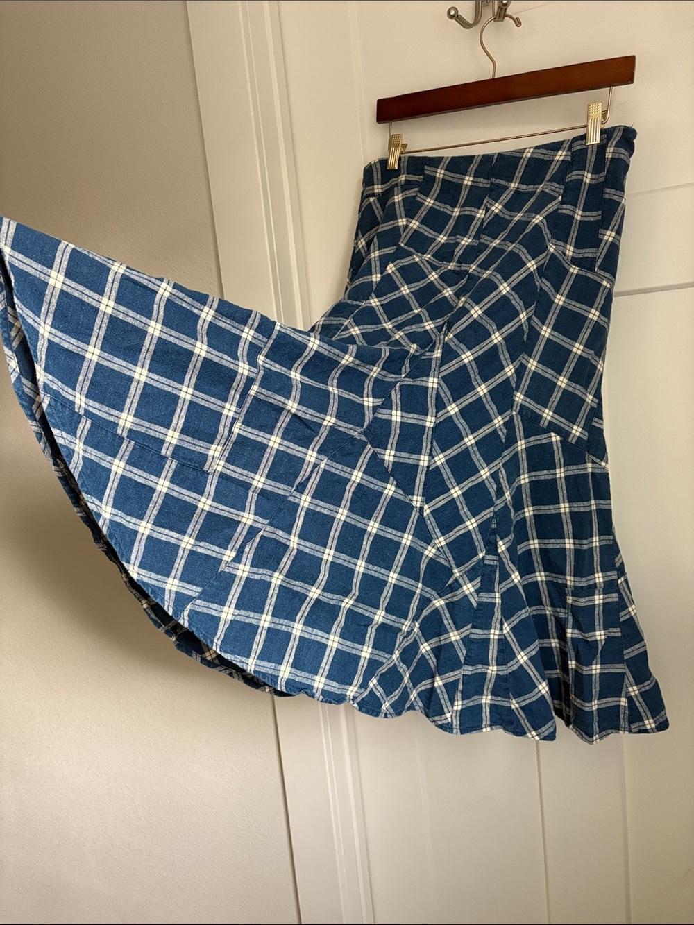 VTG Lauren Ralph Lauren Blue Patchwork Plaid Midi Skirt - Picture 3 of 15